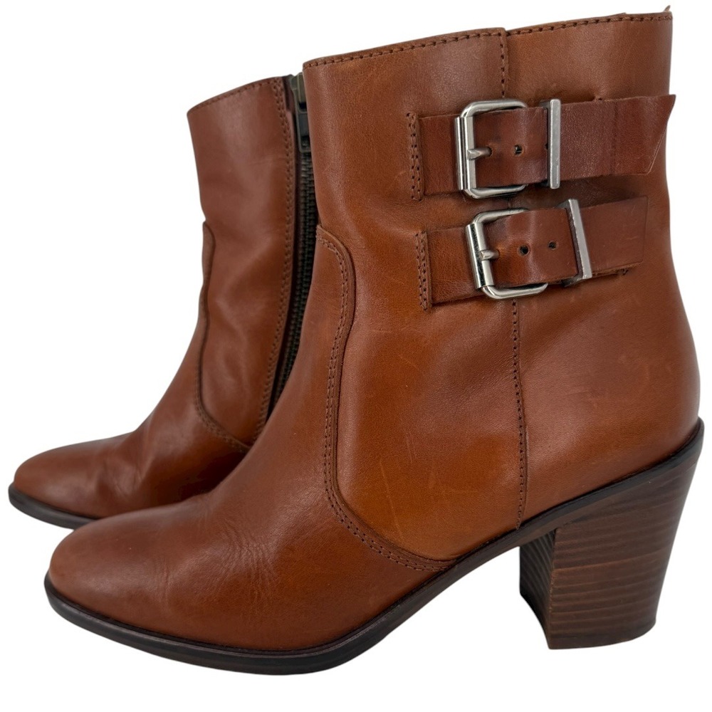 J. Crew Women's Leather Ankle Boots Brown Buckle Block Heel‎ Side Zip Size 7.5